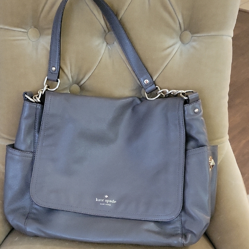 kate spade Olive Green Leather Shoulder Bag with Chain-Accent Straps